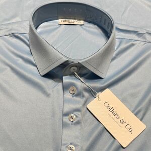 Collars & Co Mens Medium Light Blue Performance Polo Semi Spread Collar NWT